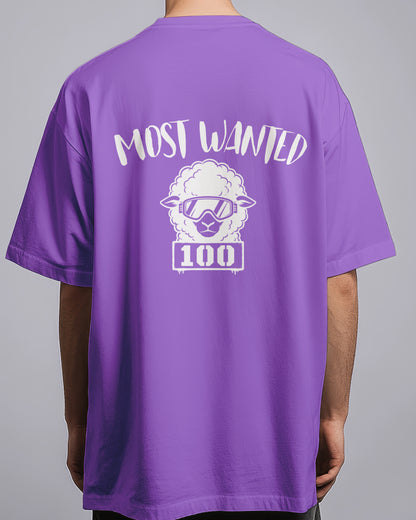 Purple t-shirt with 'Most Wanted 100' design on the back against a gray background