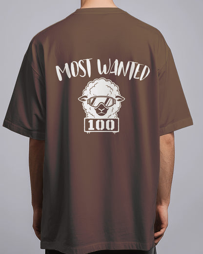 Brown t-shirt with 'Most Wanted 100' design on the back against a gray background