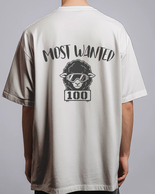 T-shirt with 'Most Wanted 100' graphic on the back, worn by a person against a gray background