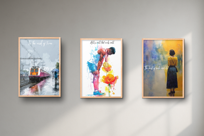 Three framed artworks on a gray wall.