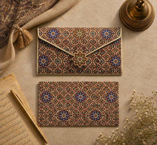 Two patterned envelopes on a textured surface with a pen and paper.