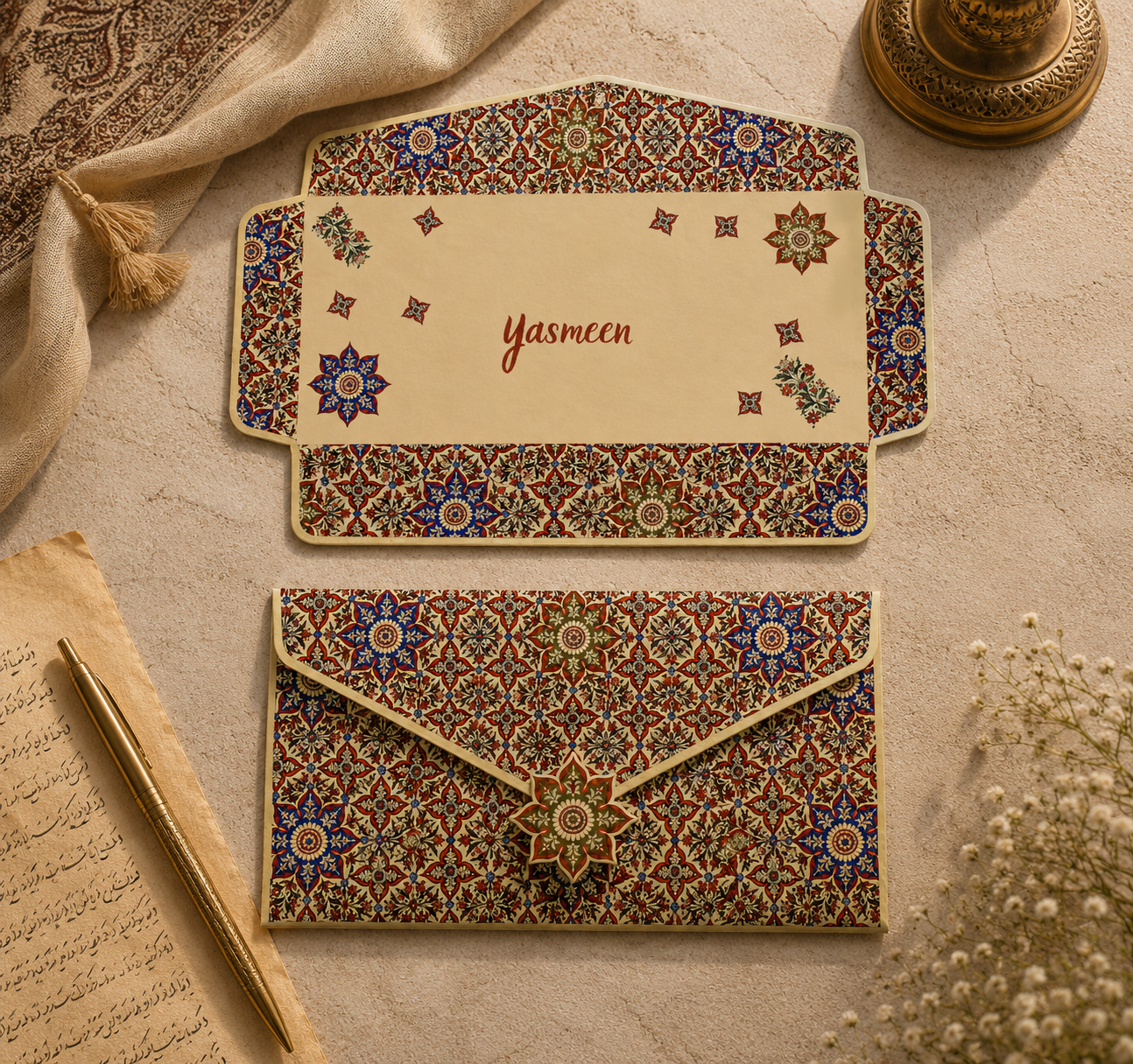 Cultural Flower Texture Envelope – Printable & Customizable Digital Template