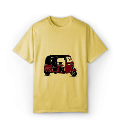 red rickshaw mustard graphic t-shirt on a white background