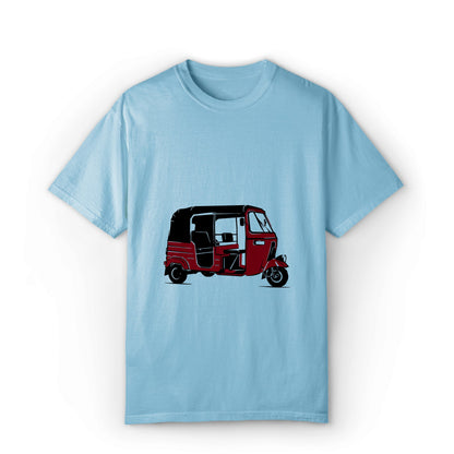 red rickshaw sky blue graphic t-shirt on a white background